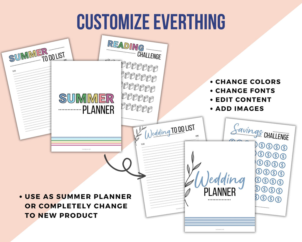 Collection of customizable planner sheets with text on a pink and white background