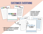 Collection of customizable planner sheets with text on a pink and white background