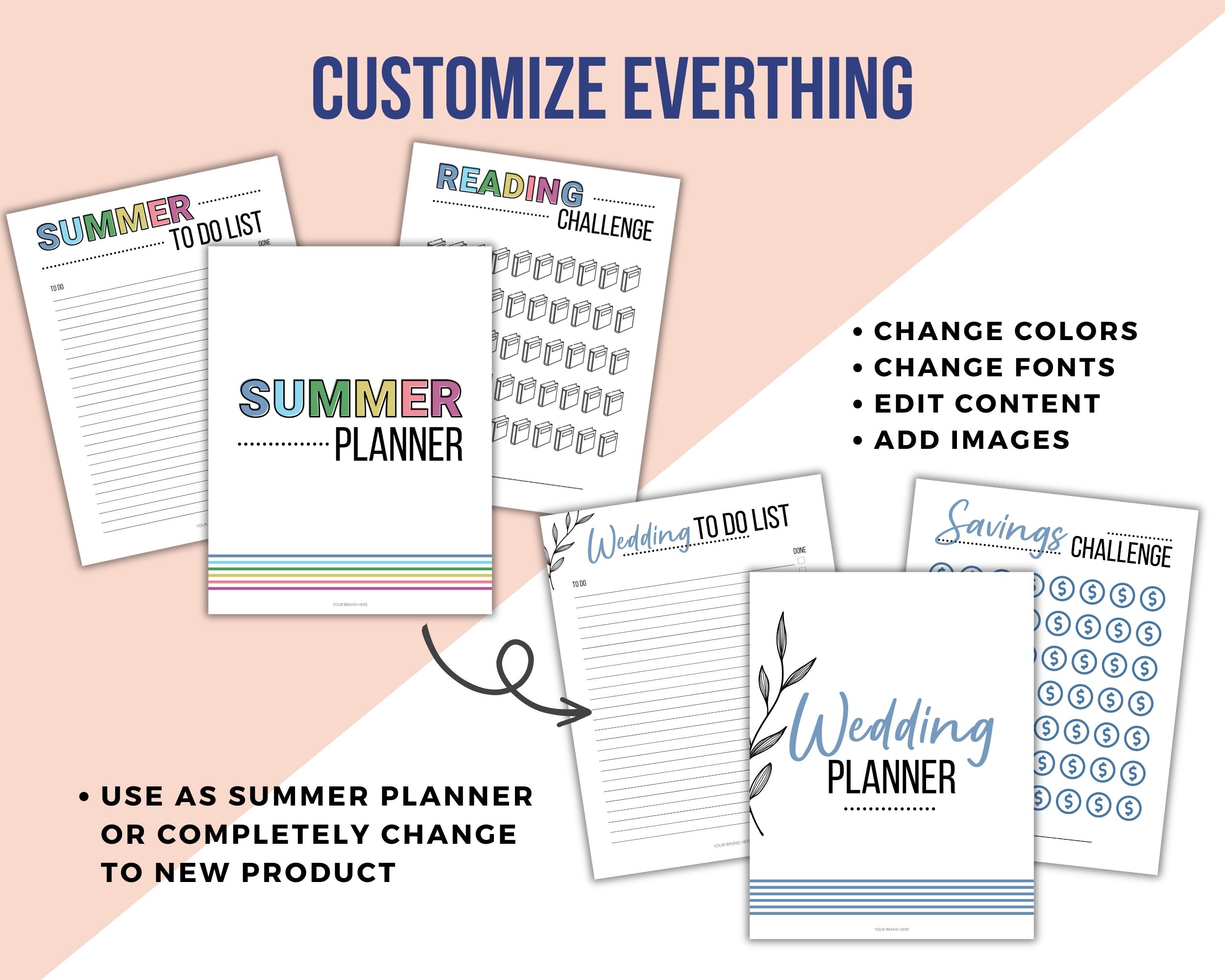 Collection of customizable planner sheets with text on a pink and white background