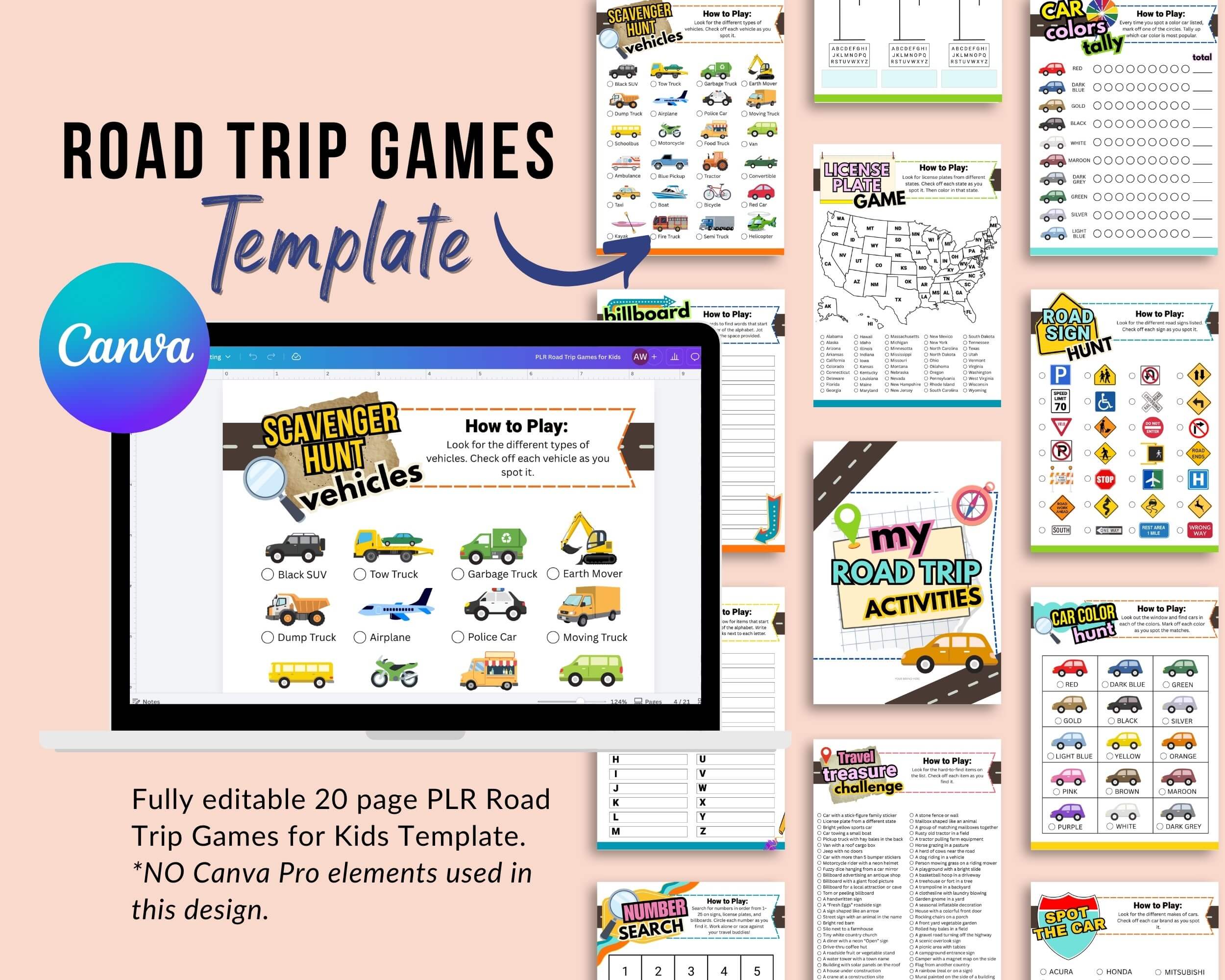 PLR Road Trip Games for Kids - 20 Page Canva® Template