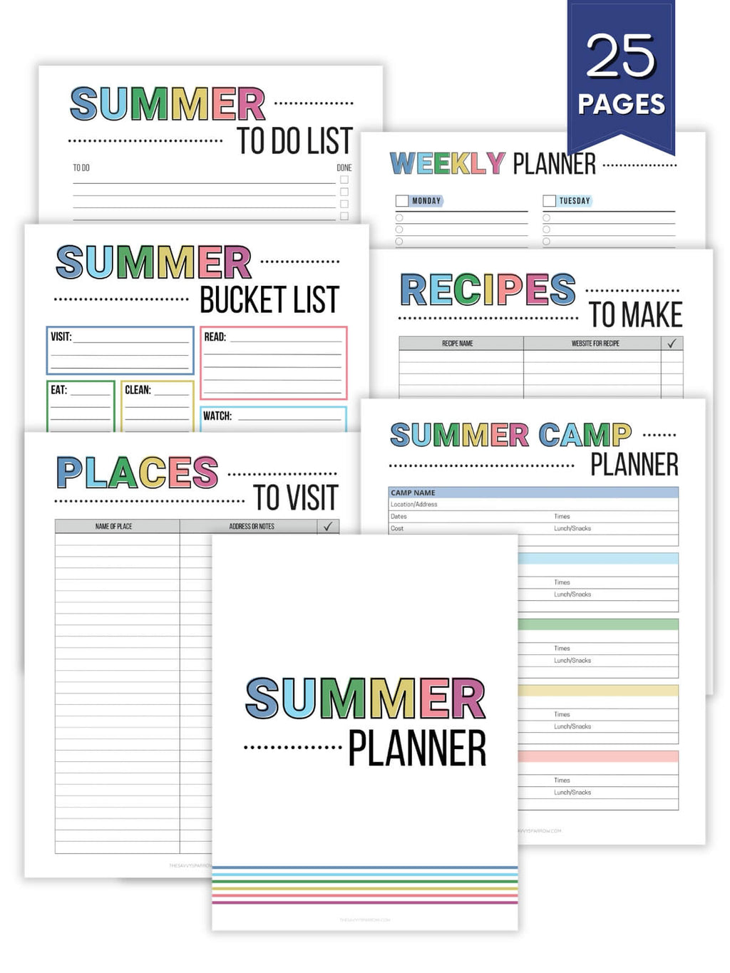 Summer planner with various sections on a white background
