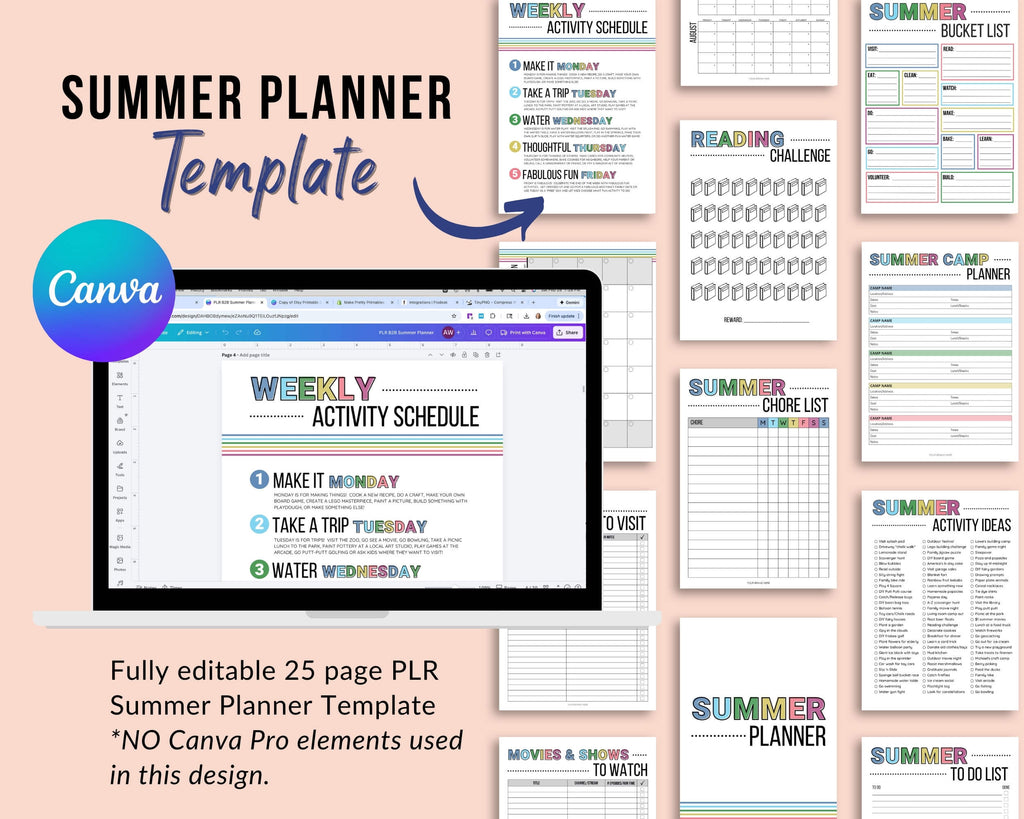 Summer planner template with weekly activity schedule on a computer screen and various planner pages displayed.