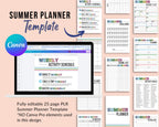 Summer planner template with weekly activity schedule on a computer screen and various planner pages displayed.
