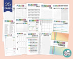 Collection of summer planner sheets with various activities and tasks on a pink background.