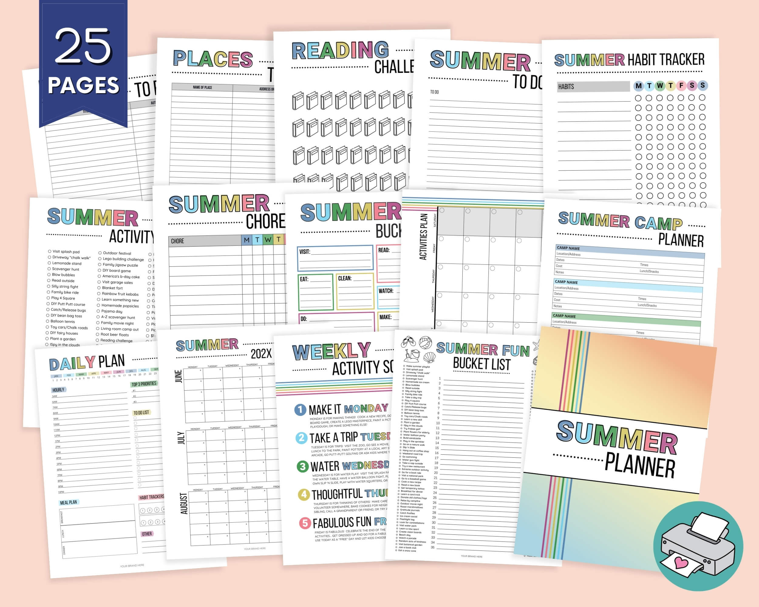 Collection of summer planner sheets with various activities and tasks on a pink background.