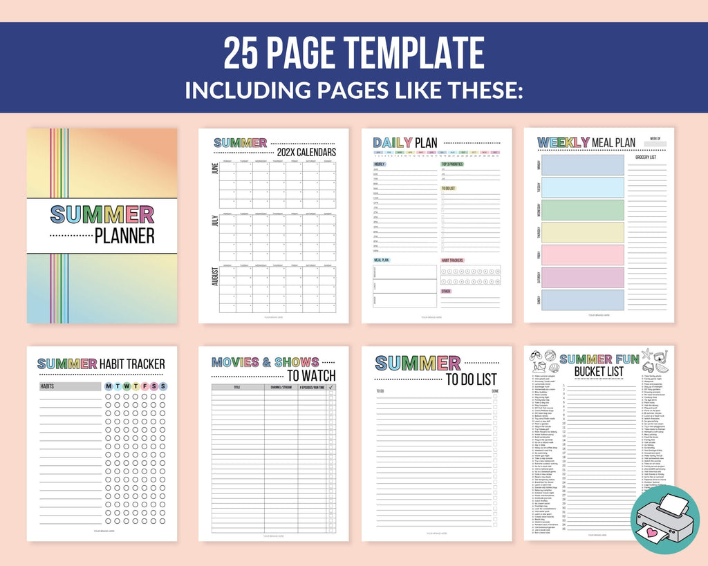 25-page planner template with various colorful pages on a pink background