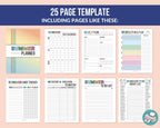 25-page planner template with various colorful pages on a pink background