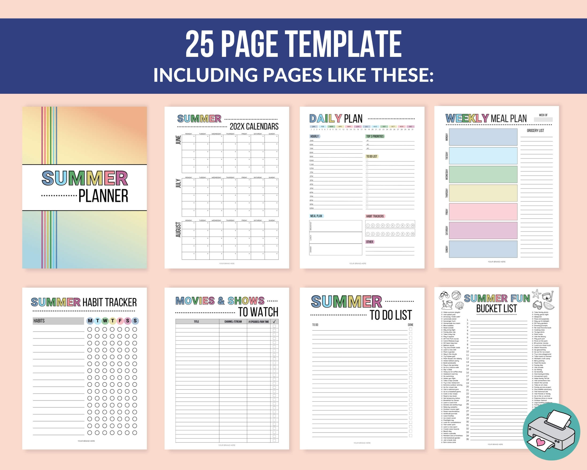 25-page planner template with various colorful pages on a pink background