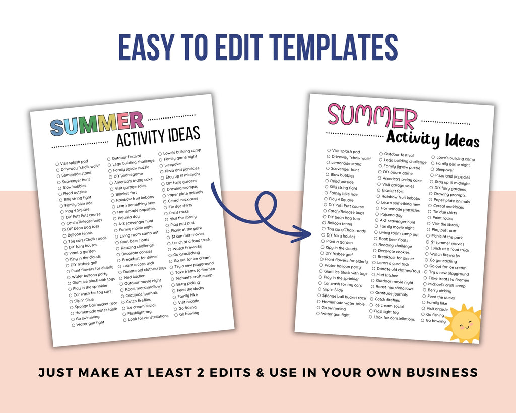Two pages of 'Summer Activity Ideas' with a sun icon on a pink background.