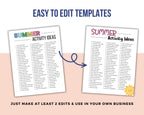 Two pages of 'Summer Activity Ideas' with a sun icon on a pink background.