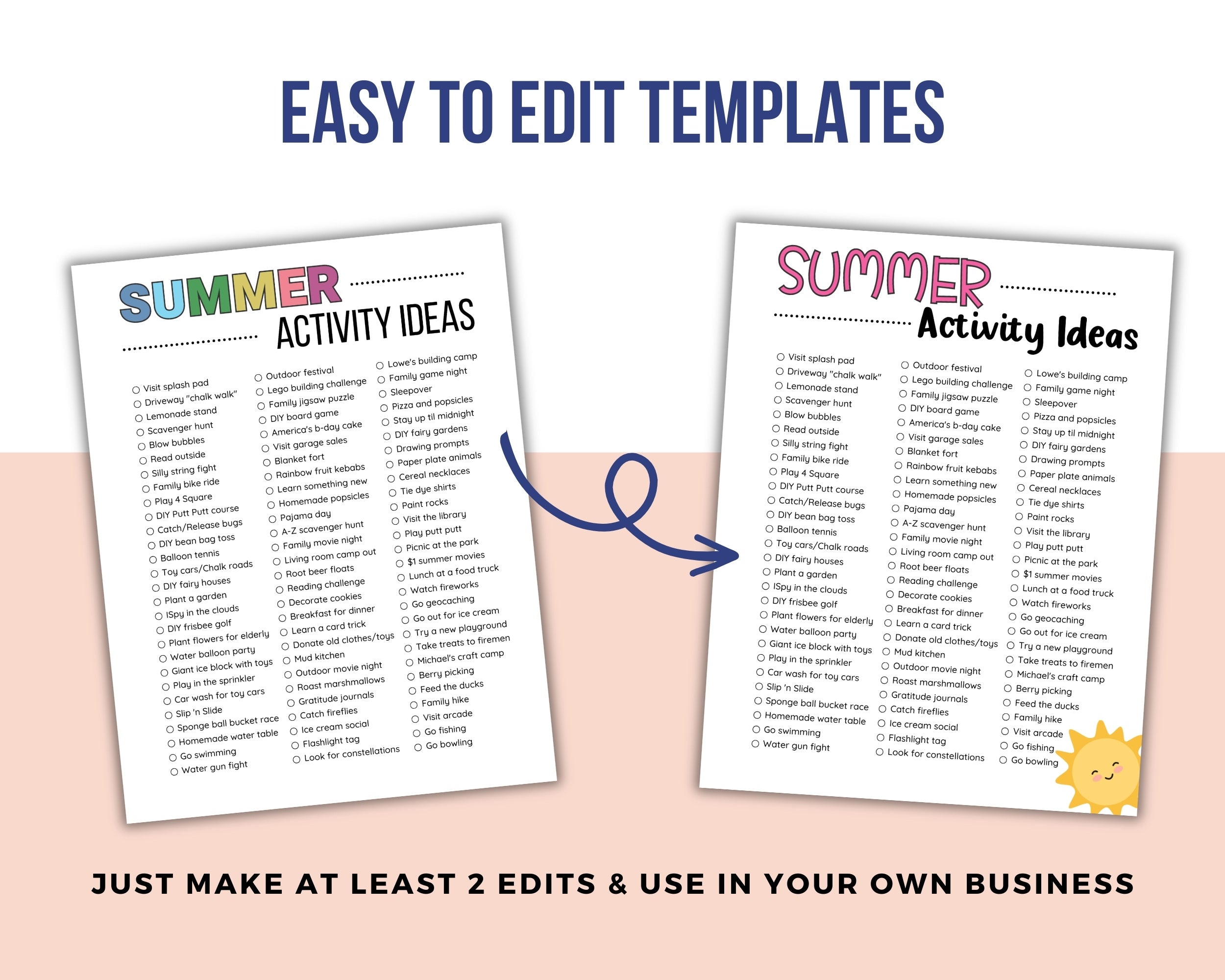 Two pages of 'Summer Activity Ideas' with a sun icon on a pink background.